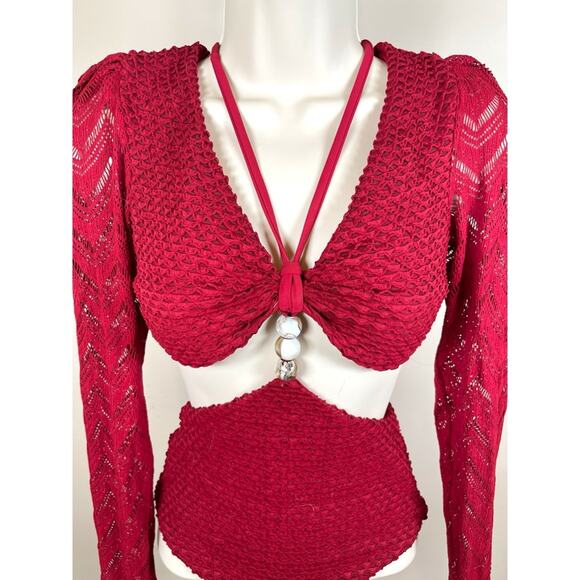 Patbo Bordeaux Textured Lycra Cutout Body Suit Long Sleeve Swim Suit Size XS - Picture 4 of 8